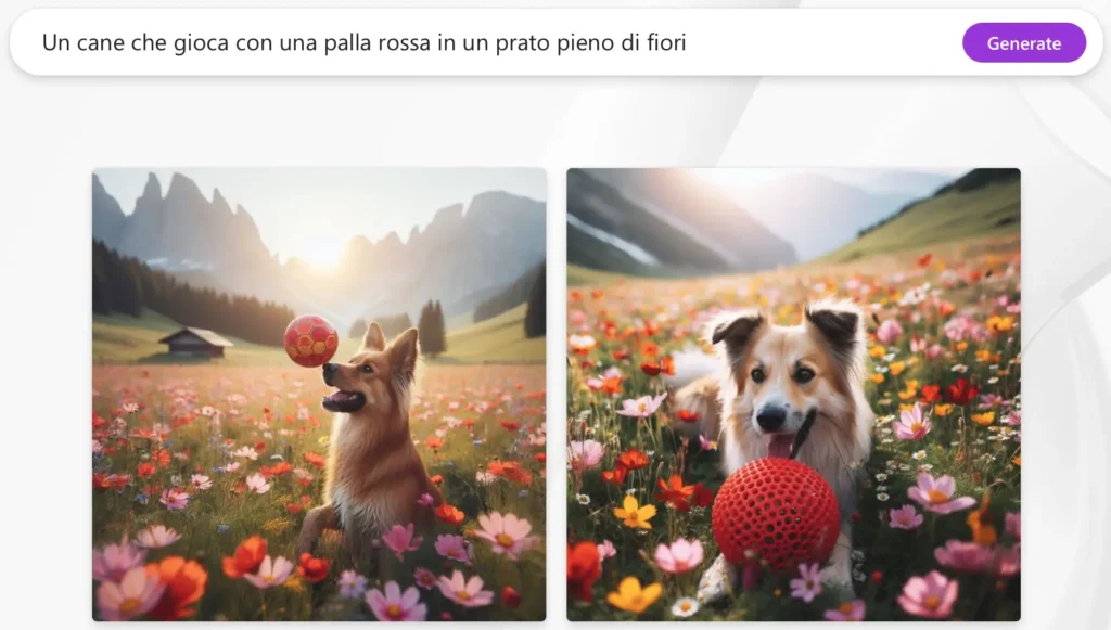 image generator che propone due immagini di un cane che gioca a palla in un prato