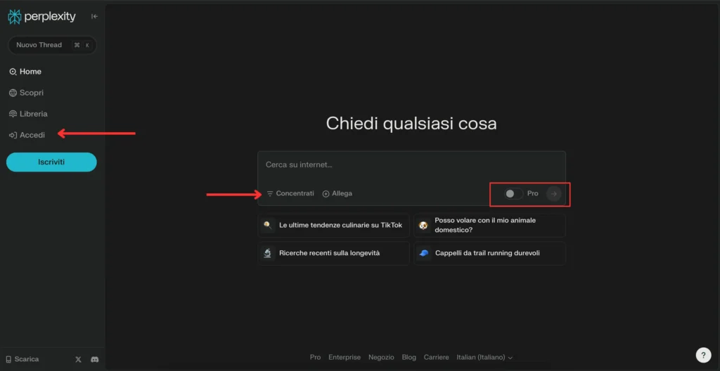 Tutorial passo-passo Perplexity AI: screenshot dell'interfaccia con evidenziati i punti chiave per iniziare a utilizzare la piattaforma