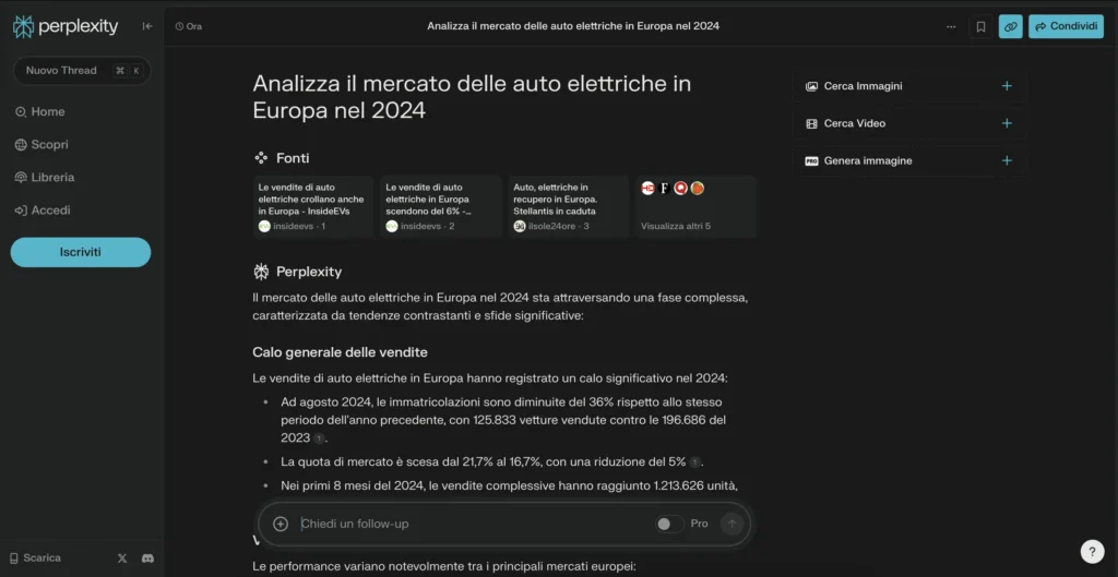 Professionista che utilizza Perplexity AI per analisi di mercato, mostrando grafici e report generati dall'AI in ambiente ufficio